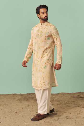 Chrkha_Ivory Silk, Cotton, Tissue Printed Kurta Set _at_Aza_Fashions