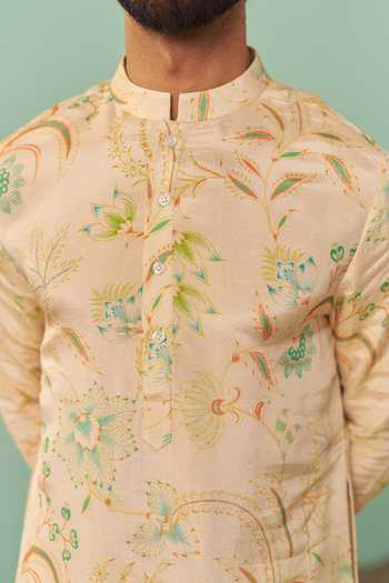 Buy_Chrkha_Ivory Silk, Cotton, Tissue Printed Kurta Set 