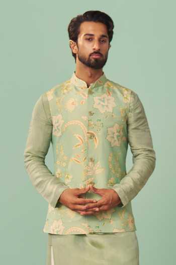 Buy_Chrkha_Green Silk, Cotton, Tissue Chintz Printed Nehru Jacket Set _Online_at_Aza_Fashions