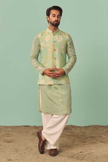 Shop_Chrkha_Green Silk, Cotton, Tissue Chintz Printed Nehru Jacket Set _Online_at_Aza_Fashions