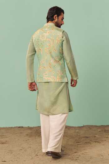 Chrkha_Green Silk, Cotton, Tissue Chintz Printed Nehru Jacket Set _at_Aza_Fashions