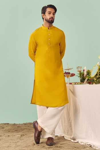 Chrkha_Yellow Silk, Tissue, Cotton Chintz Printed Nehru Jacket Set _Online_at_Aza_Fashions
