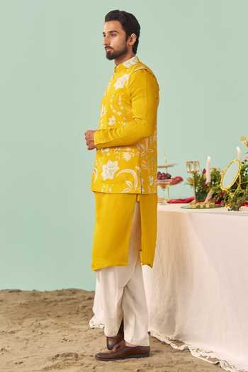 Buy_Chrkha_Yellow Silk, Tissue, Cotton Chintz Printed Nehru Jacket Set _Online_at_Aza_Fashions