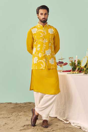 Shop_Chrkha_Yellow Silk, Tissue, Cotton Chintz Printed Nehru Jacket Set _Online_at_Aza_Fashions
