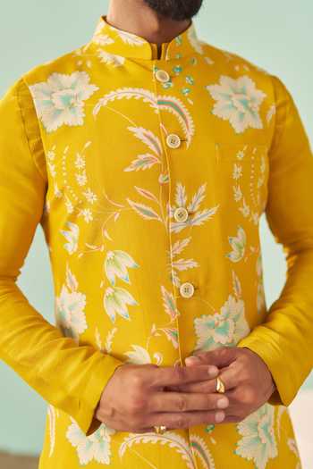 Chrkha_Yellow Silk, Tissue, Cotton Chintz Printed Nehru Jacket Set _at_Aza_Fashions