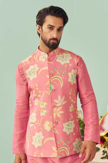 Chrkha_Pink Silk, Cotton, Tissue Printed Nehru Jacket Set _Online_at_Aza_Fashions