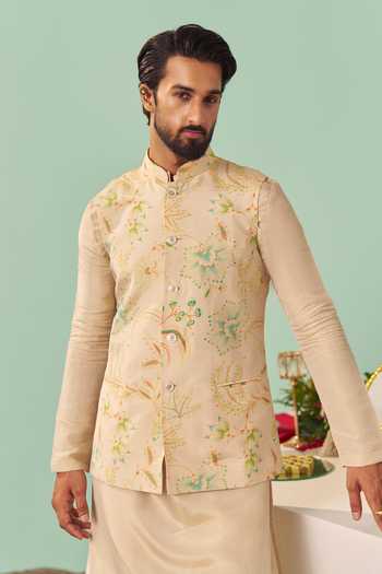 Buy Chrkha Ivory Silk, Cotton, Tissue Chintz Printed Nehru Jacket Set Online at Aza Fashions Buy_Chrkha_Ivory Silk, Cotton, Tissue Chintz Printed Nehru Jacket Set _Online_at_Aza_Fashions