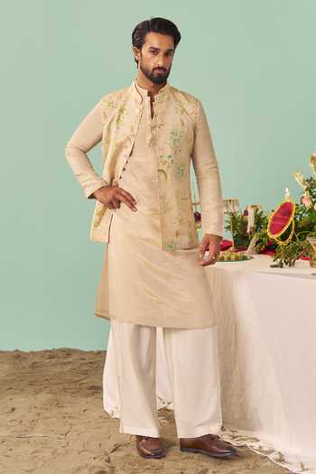 Shop Chrkha Ivory Silk, Cotton, Tissue Chintz Printed Nehru Jacket Set Online at Aza Fashions Shop_Chrkha_Ivory Silk, Cotton, Tissue Chintz Printed Nehru Jacket Set _Online_at_Aza_Fashions