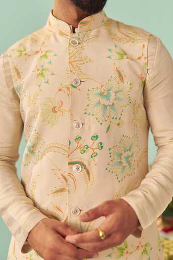 Chrkha Ivory Silk, Cotton, Tissue Chintz Printed Nehru Jacket Set at Aza Fashions Chrkha_Ivory Silk, Cotton, Tissue Chintz Printed Nehru Jacket Set _at_Aza_Fashions