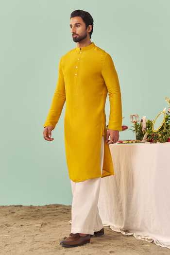 Chrkha_Yellow Silk, Tissue, Cotton Plain Kurta Set _Online_at_Aza_Fashions