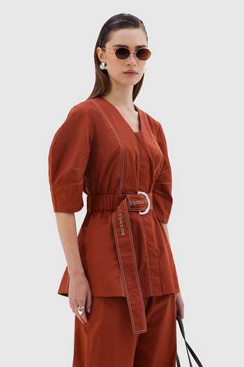 Buy_Notebook_Orange Cotton V-neck Siena Embroidered Top And Pant Set _Online_at_Aza_Fashions