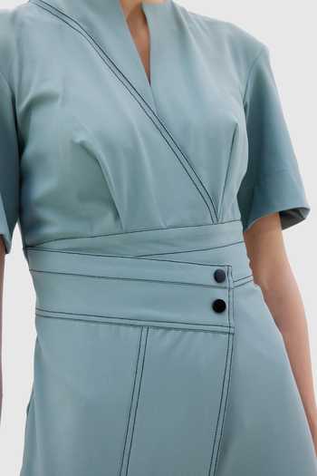 Notebook_Green Viscose, Polyester, Lycra Split V-neck Via Panelled Jumpsuit _Online_at_Aza_Fashions