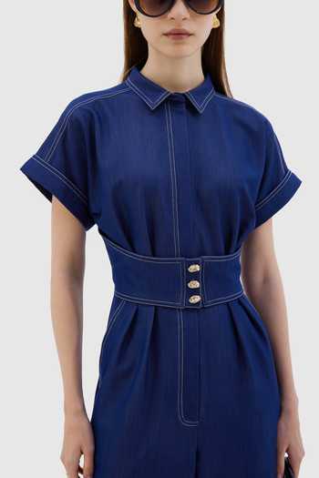 Notebook Blue Denim, Tencel Collared Neck Paola Jumpsuit Online at Aza Fashions Notebook_Blue Denim, Tencel Collared Neck Paola Jumpsuit _Online_at_Aza_Fashions