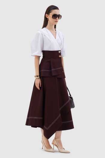 Buy_Notebook_White Cotton, Poplin V-neck Giulia V Wrap Top With Skirt _Online_at_Aza_Fashions