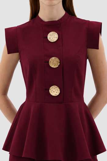 Notebook_Wine Rayon, Terrycloth Mandarin Collar Sicily Peplum Top And Pant Set _Online_at_Aza_Fashions