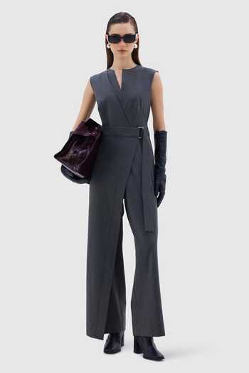 Notebook_Grey Viscose, Lycra, Polyester Split V-neck Francesca Tailored Jumpsuit _Online_at_Aza_Fashions