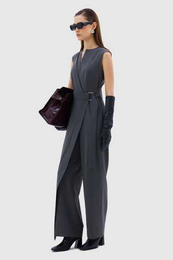 Shop_Notebook_Grey Viscose, Lycra, Polyester Split V-neck Francesca Tailored Jumpsuit _Online_at_Aza_Fashions