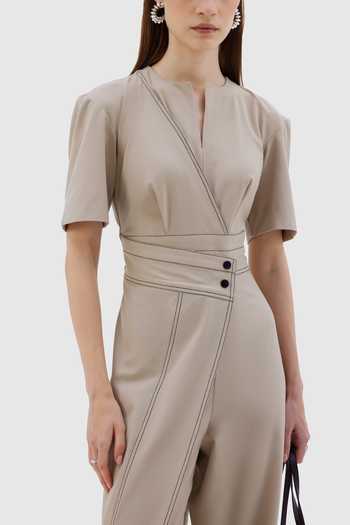 Notebook Beige Viscose, Lycra, Polyester Split V-neck Via Border Embroidered Jumpsuit Online at Aza Fashions Notebook_Beige Viscose, Lycra, Polyester Split V-neck Via Border Embroidered Jumpsuit _Online_at_Aza_Fashions