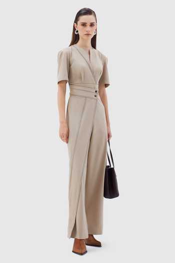 Buy Notebook Beige Viscose, Lycra, Polyester Split V-neck Via Border Embroidered Jumpsuit Online at Aza Fashions Buy_Notebook_Beige Viscose, Lycra, Polyester Split V-neck Via Border Embroidered Jumpsuit _Online_at_Aza_Fashions