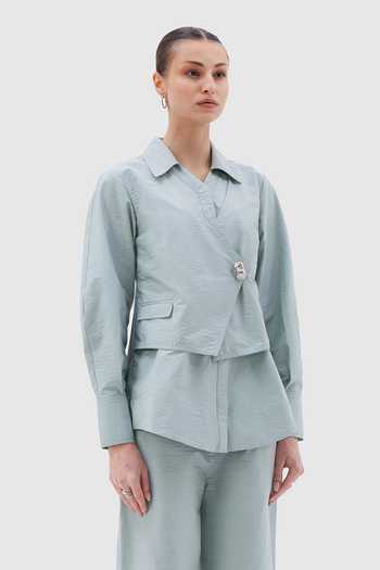Notebook Blue Cotton V-, Collared Simone Wrap Top And Pant Set Online at Aza Fashions Notebook_Blue Cotton V-, Collared Simone Wrap Top And Pant Set _Online_at_Aza_Fashions