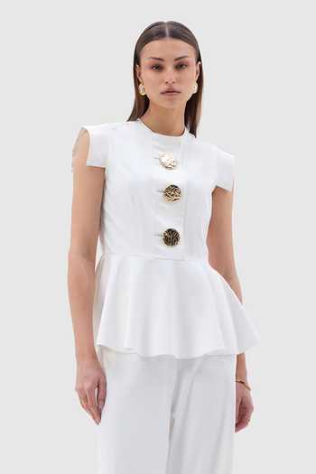 Notebook Ivory Polyester, Rayon, Terrycloth High Neck Sicily Peplum Top And Pant Set at Aza Fashions Notebook_Ivory Polyester, Rayon, Terrycloth High Neck Sicily Peplum Top And Pant Set _at_Aza_Fashions
