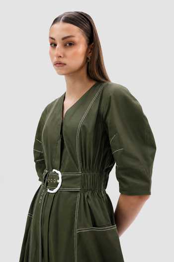 Notebook Olive Green Cotton, Poplin V-neck Roma Embroidered Dress Online at Aza Fashions Notebook_Olive Green Cotton, Poplin V-neck Roma Embroidered Dress _Online_at_Aza_Fashions