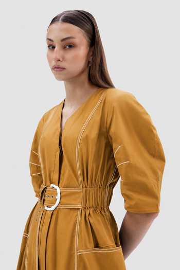 Notebook Brown Cotton, Poplin V-neck Roma Midi Dress Online at Aza Fashions Notebook_Brown Cotton, Poplin V-neck Roma Midi Dress _Online_at_Aza_Fashions