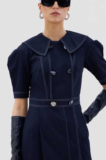 Notebook_Blue Cotton, Poplin Collared Neck Leone Embroidered Dress _Online_at_Aza_Fashions