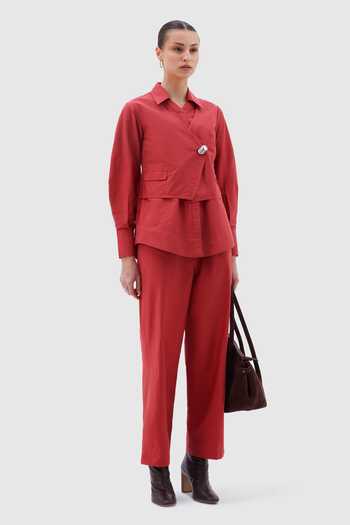 Buy Notebook Red Cotton V-, Collared Simone Wrap Top And Pant Set Online at Aza Fashions Buy_Notebook_Red Cotton V-, Collared Simone Wrap Top And Pant Set _Online_at_Aza_Fashions