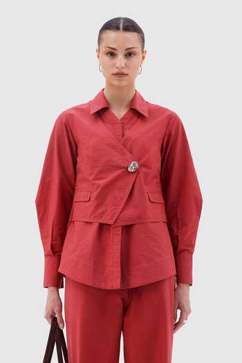 Shop Notebook Red Cotton V-, Collared Simone Wrap Top And Pant Set Online at Aza Fashions Shop_Notebook_Red Cotton V-, Collared Simone Wrap Top And Pant Set _Online_at_Aza_Fashions
