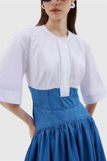 Notebook Blue Denim Round Neck Diletta Colorblock Midi Dress Online at Aza Fashions Notebook_Blue Denim Round Neck Diletta Colorblock Midi Dress _Online_at_Aza_Fashions
