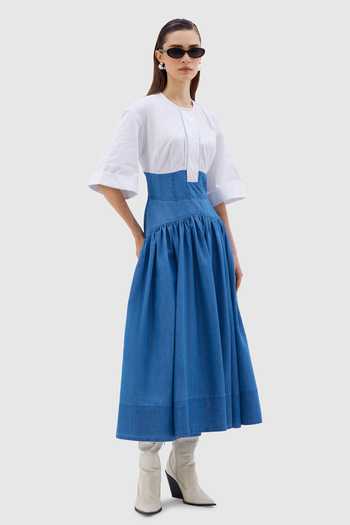 Buy Notebook Blue Denim Round Neck Diletta Colorblock Midi Dress Online at Aza Fashions Buy_Notebook_Blue Denim Round Neck Diletta Colorblock Midi Dress _Online_at_Aza_Fashions