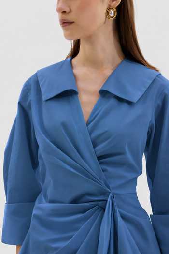Notebook_Sky Blue Cotton, Poplin V-neck Vittoria Collared Shirt _Online_at_Aza_Fashions
