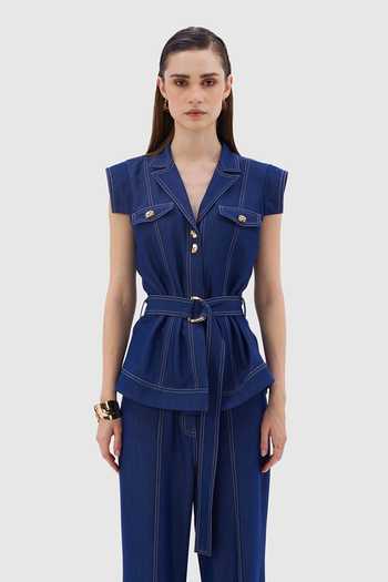 Shop Notebook Blue Denim V-neck Sandria Embroidered Top And Pant Set Online at Aza Fashions Shop_Notebook_Blue Denim V-neck Sandria Embroidered Top And Pant Set _Online_at_Aza_Fashions