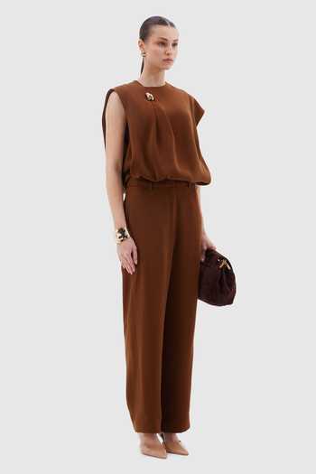 Notebook_Brown Crepe, Polyester High Neck Perla Draped Top And Pant Set _Online_at_Aza_Fashions