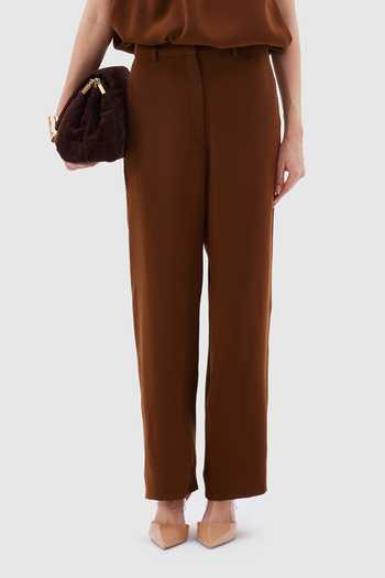 Buy_Notebook_Brown Crepe, Polyester High Neck Perla Draped Top And Pant Set _Online_at_Aza_Fashions