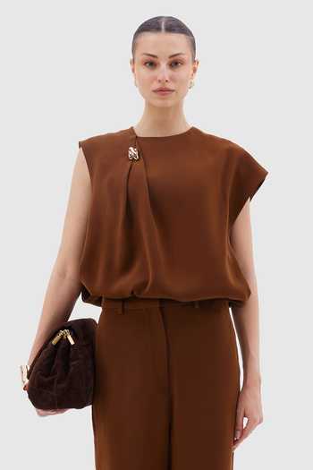 Shop_Notebook_Brown Crepe, Polyester High Neck Perla Draped Top And Pant Set _Online_at_Aza_Fashions