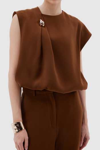 Notebook_Brown Crepe, Polyester High Neck Perla Draped Top And Pant Set _at_Aza_Fashions