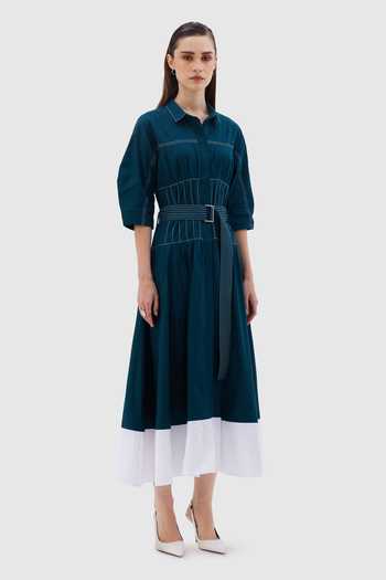 Notebook White Cotton, Poplin Collared Neck Capri Color Block Midi Dress Online at Aza Fashions Notebook_White Cotton, Poplin Collared Neck Capri Color Block Midi Dress _Online_at_Aza_Fashions