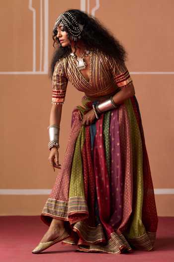 Swatti Kapoor Multi Color Cotton, Chanderi Kashi Block Printed Skirt Online at Aza Fashions Swatti Kapoor_Multi Color Cotton, Chanderi Kashi Block Printed Skirt _Online_at_Aza_Fashions