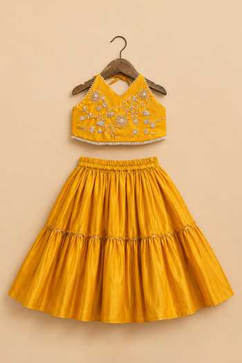 Byb Premium Yellow Silk, Cotton Hand Embroidered Blouse Lehenga Set at Aza Fashions Byb Premium_Yellow Silk, Cotton Hand Embroidered Blouse Lehenga Set _at_Aza_Fashions