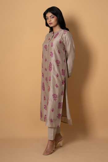 Kameez Beige Chanderi, Cotton Mandarin Collar, Gardenia Embroidered Kurta And Pant Set at Aza Fashions Kameez_Beige Chanderi, Cotton Mandarin Collar, Gardenia Embroidered Kurta And Pant Set _at_Aza_Fashions