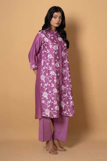 Buy Kameez Magenta Chanderi, Cotton Mandarin Collar Embroidered Kurta And Pant Set Online at Aza Fashions Buy_Kameez_Magenta Chanderi, Cotton Mandarin Collar Embroidered Kurta And Pant Set _Online_at_Aza_Fashions
