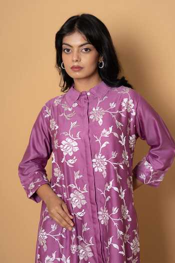 Shop Kameez Magenta Chanderi, Cotton Mandarin Collar Embroidered Kurta And Pant Set Online at Aza Fashions Shop_Kameez_Magenta Chanderi, Cotton Mandarin Collar Embroidered Kurta And Pant Set _Online_at_Aza_Fashions
