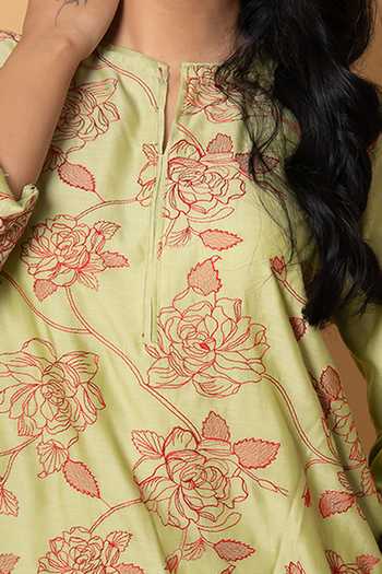 Kameez Green Chanderi, Cotton Split V-neck, Yes Pista Embroidered Kurta And Pant Set at Aza Fashions Kameez_Green Chanderi, Cotton Split V-neck, Yes Pista Embroidered Kurta And Pant Set _at_Aza_Fashions