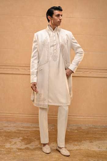 Tarun Tahiliani_Ivory Cotton, Jacquard Temple Motif Open Sherwani Set _Online_at_Aza_Fashions