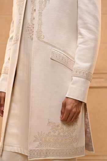 Buy_Tarun Tahiliani_Ivory Cotton, Jacquard Temple Motif Open Sherwani Set _Online_at_Aza_Fashions