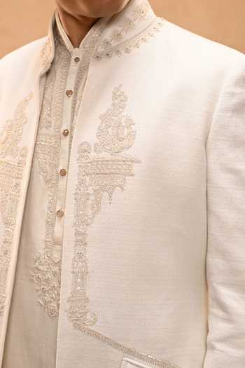Shop_Tarun Tahiliani_Ivory Cotton, Jacquard Temple Motif Open Sherwani Set _Online_at_Aza_Fashions