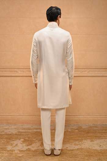 Tarun Tahiliani_Ivory Cotton, Jacquard Temple Motif Open Sherwani Set _at_Aza_Fashions