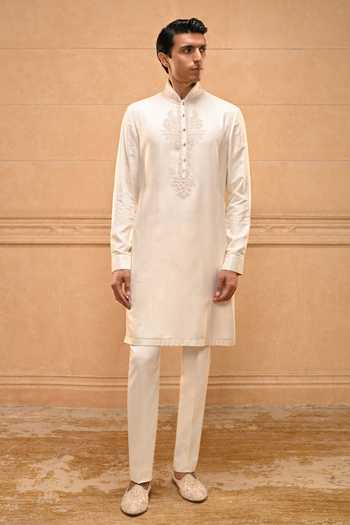 Buy_Tarun Tahiliani_Ivory Cotton, Jacquard Temple Motif Open Sherwani Set 
